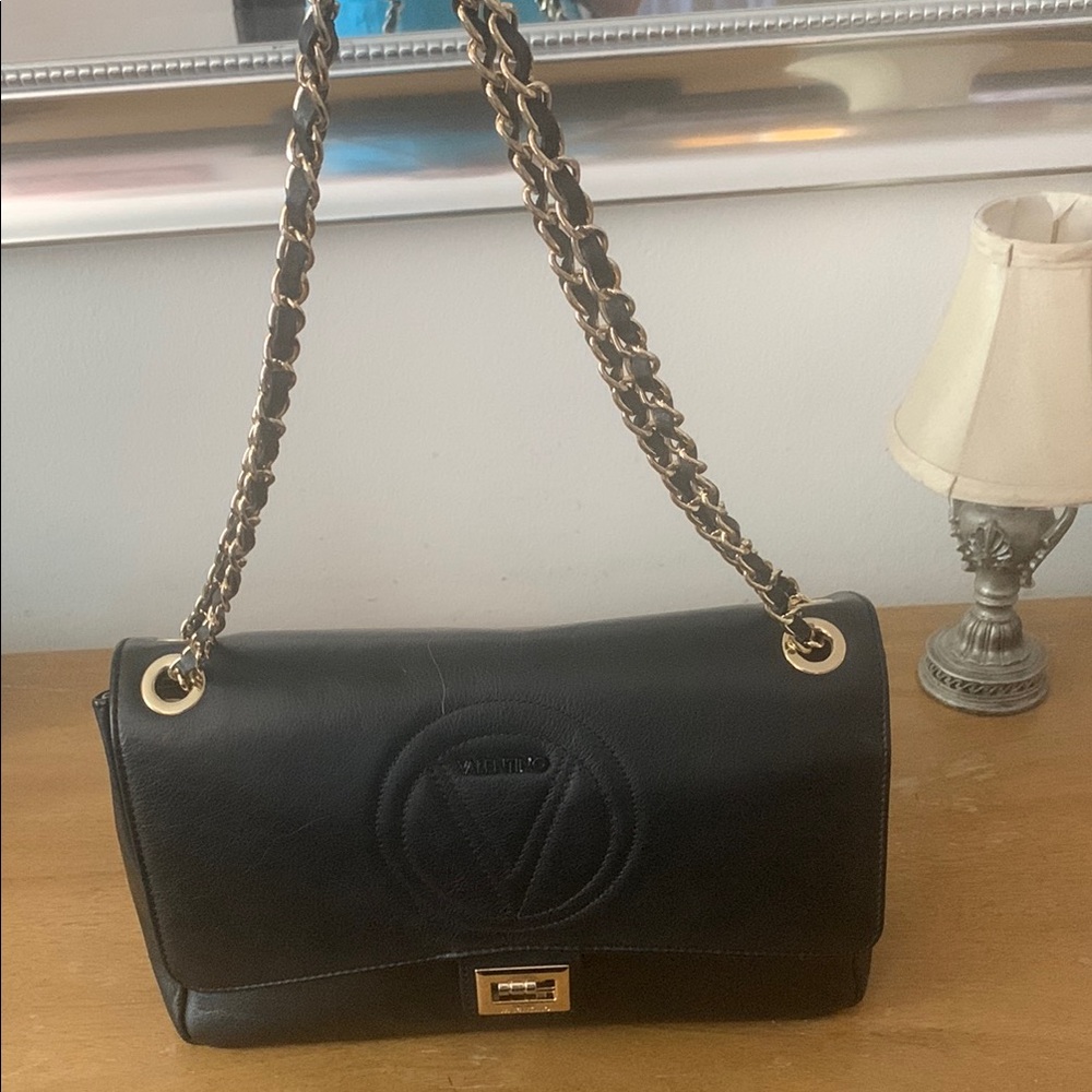 Mario Valentino Black Leather Shoulder Bag with Chain Strap
